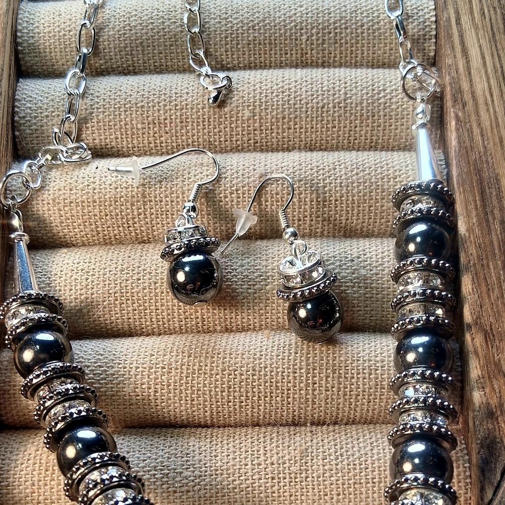 Hematite Bead Necklace and Earring Set - Silver Accents